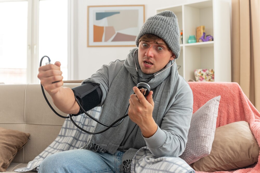 anxious young ill man with scarf around neck wearing winter hat wrapped in plaid measuring his pressure with sphygmomanometer sitting on couch at living room