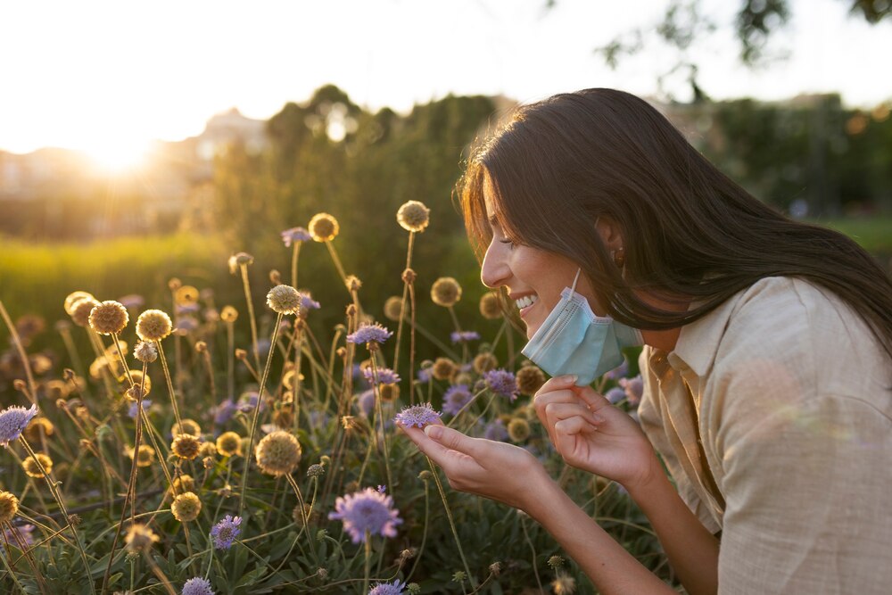 Smiley woman smelling flowers side view