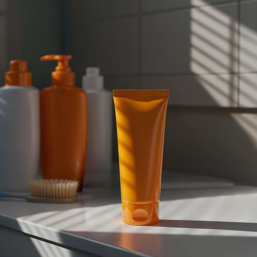 Orange sunscreen tube in a bathroom with light and shadow