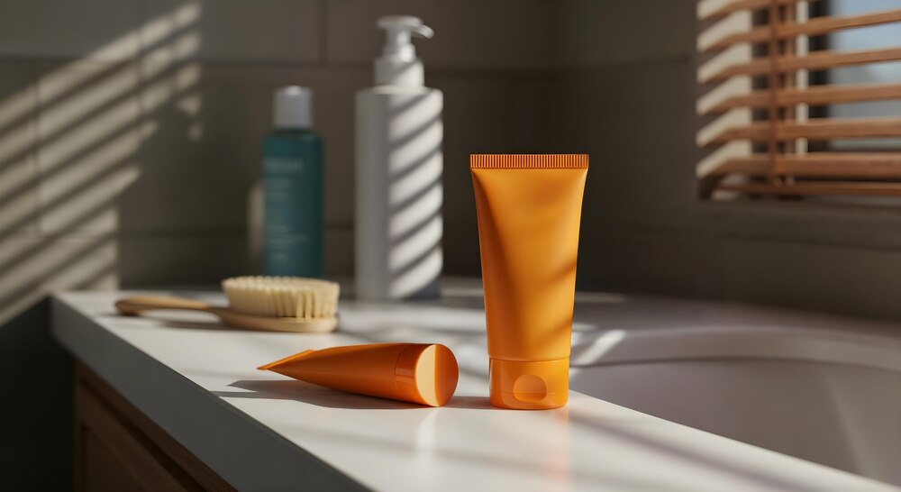 Sunscreen and skincare products in a bright bathroom