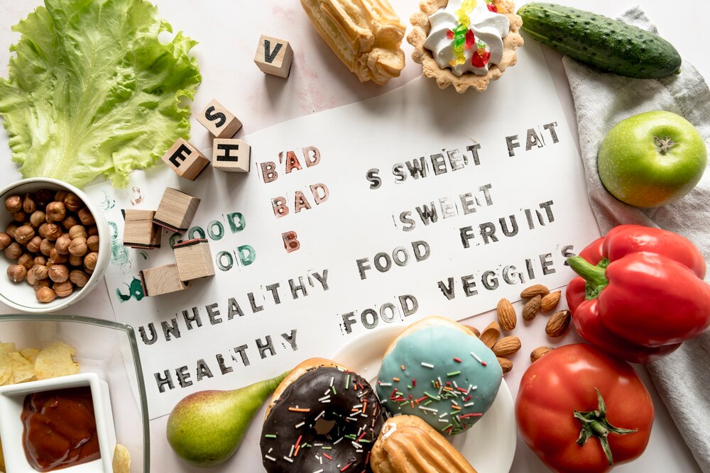 Healthy and unhealthy text on paper surrounded with fresh food